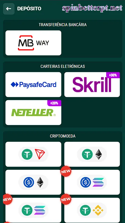 Métodos de depósito na SpinBetter Portugal