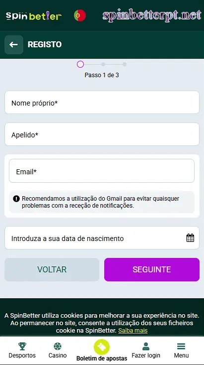 Registo por e-mail na SpinBetter – passo 1
