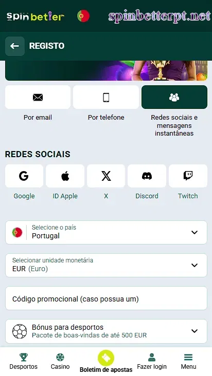 Registo através de redes sociais na SpinBetter