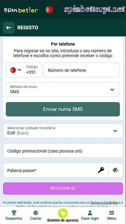 Registo por telefone na SpinBetter Portugal