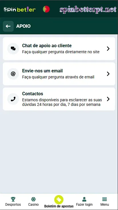 Apoio ao cliente da SpinBetter Portugal